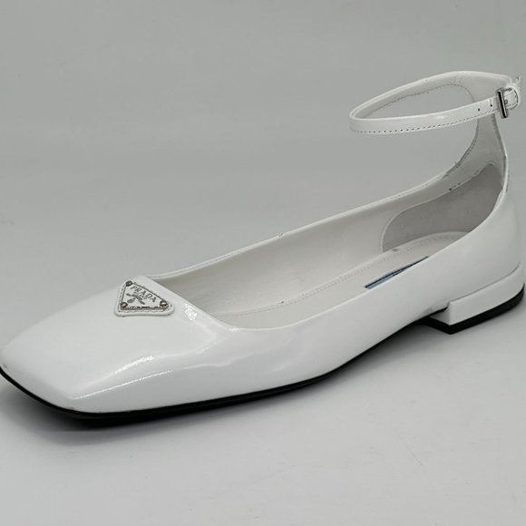 PRADA Logo Patent Leather Square Toe Ankle Strap Flat Ballerina Flat Sho… - Picture 5 of 16